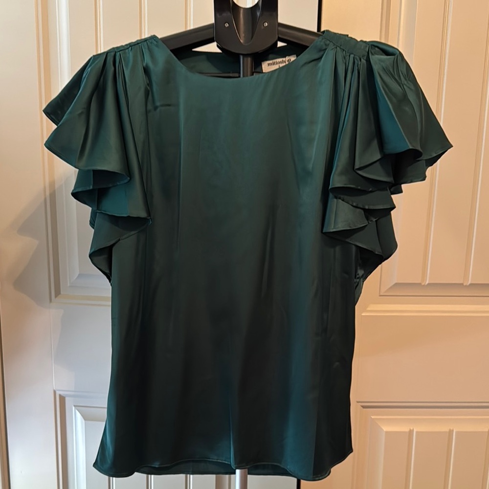 Mittoshop Green Flutter Sleeve Ruffled Blouse